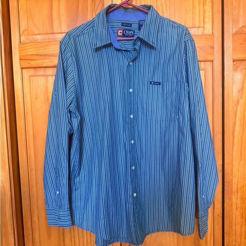 Chaps Men's Navy Blue Vertical Stripe Dress Shirt